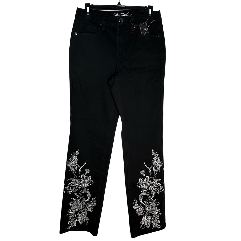 DG2 Diane‎ Gilman Black Floral Embroidered Straight Leg Stretch Jeans Size 6